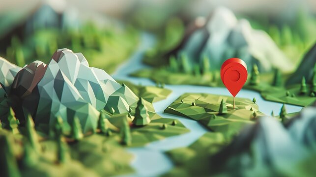 A digital low poly landscape with a location pin pointing to a place on a map