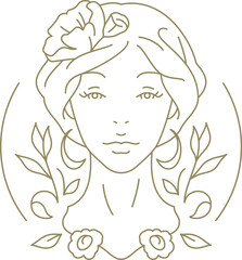 Woman portrait with elegant flower in hair golden monochrome linear logo vector illustration