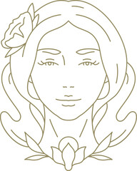 Floral woman portrait with blossom natural botanical plant hand drawn linear logo vector