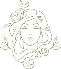 Beautiful botanical woman with flower portrait outline golden line art logo vector illustration