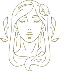 Botanical natural beauty woman face with flower in hair hand drawn golden line art logo vector