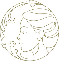 Botanical blossom woman face smell flower in golden circle frame linear logo vector illustration