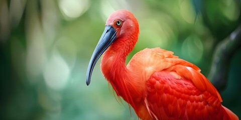 Naklejka premium Scarlet ibis grooming its feathers in zoo. Concept Birds, Wildlife photography, Nature, Scarlet ibis, Zoo