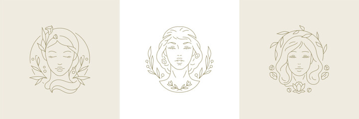 Beauty botanical woman goddess face with flowers minimalist line art logo set vector illustration