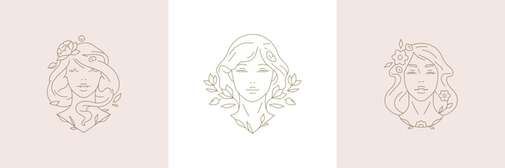 Botanical beautiful woman portrait with flowers set simple minimal line art logo vector illustration