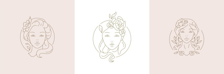 Botanical female portrait with flowers in hand drawn circle frame line art logo set vector