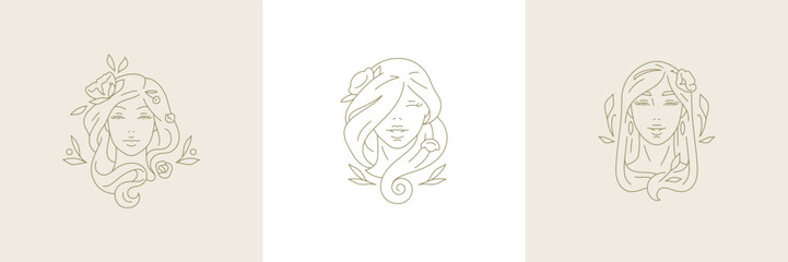 Elegant feminine botanical woman face with flowers line art logo set vector illustration