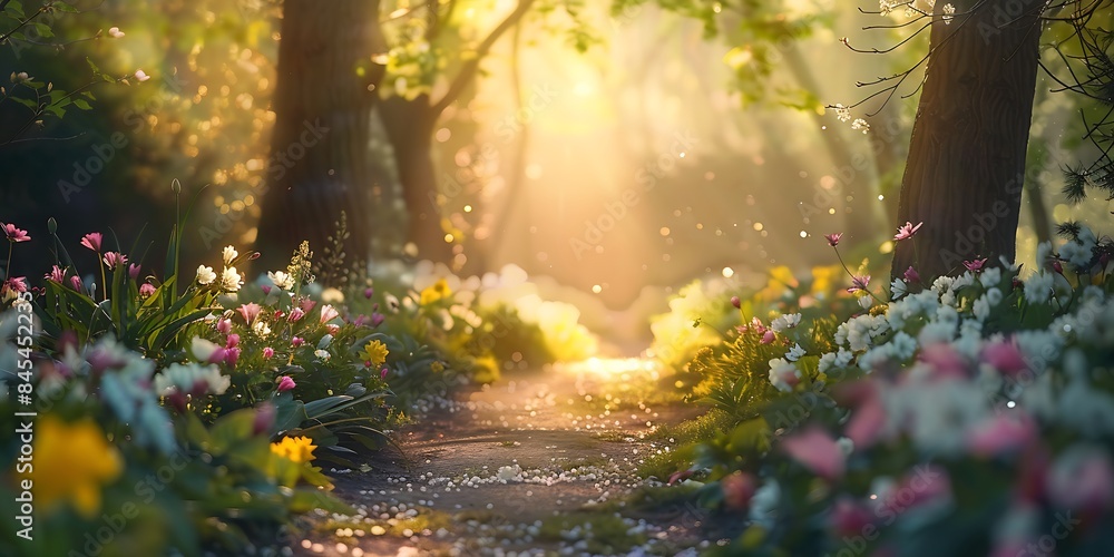 Poster morning in the forest, spring forest path inviting blurred background image of a forest path lined w