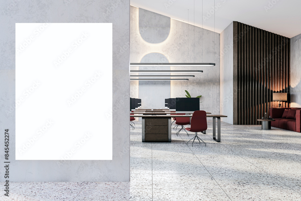 Sticker A blank white banner in a modern office interior with furniture, lighting and stone finishes, concept of advertising mockup. 3D Rendering