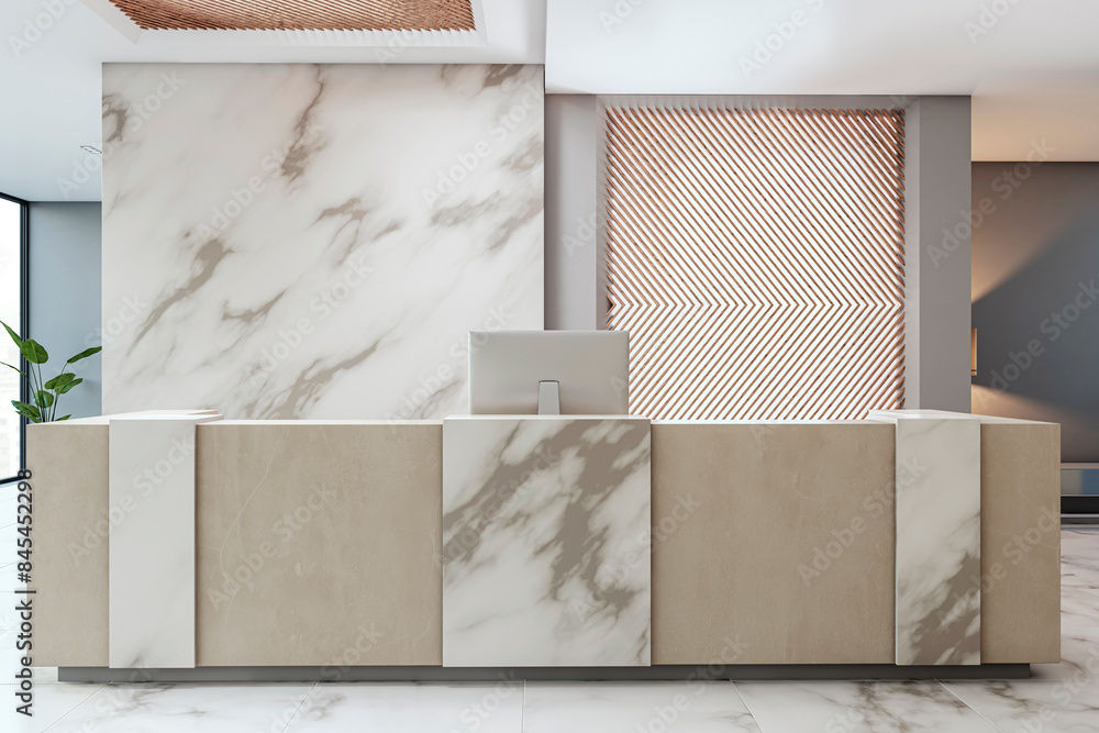 Poster a modern reception desk with marble texture in a stylish interior, shown against a hatched feature w