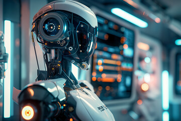 Fototapeta premium robot in the night, An ultra-realistic image showcasing futuristic robotic technology, highlighting the intricate details of advanced machinery and AI