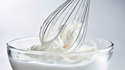 Whipped egg whites on mixer whisk. Whipped cream for cake.