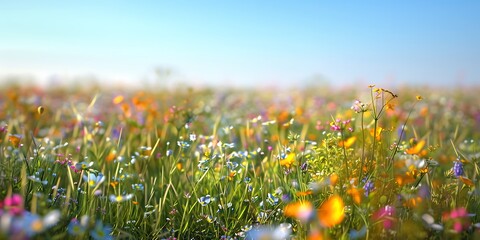 Fototapeta premium Sunny Field Bright blurred background image of a sunlit field with tall grasses, wildflowers, and a clear blue sky overhead. 
