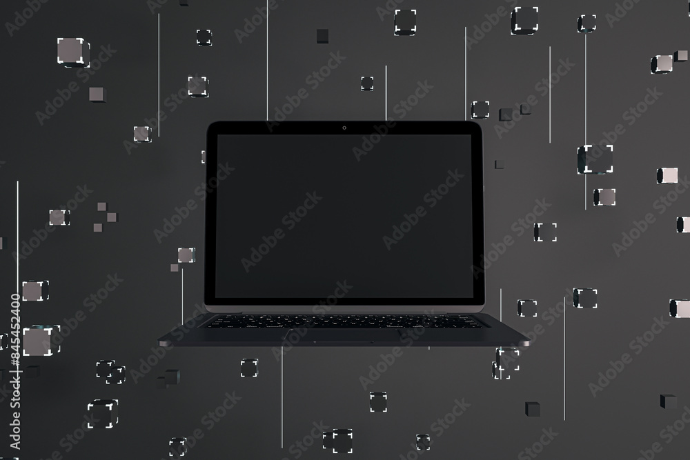 Poster A floating laptop with a blank screen, surrounded by digital rectangles, on a dark background, concept of technology. 3D Rendering