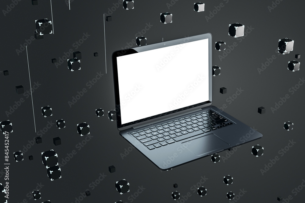 Poster Laptop with a blank screen floating among geometric shapes on a dark background, concept of modern technology. 3D Rendering
