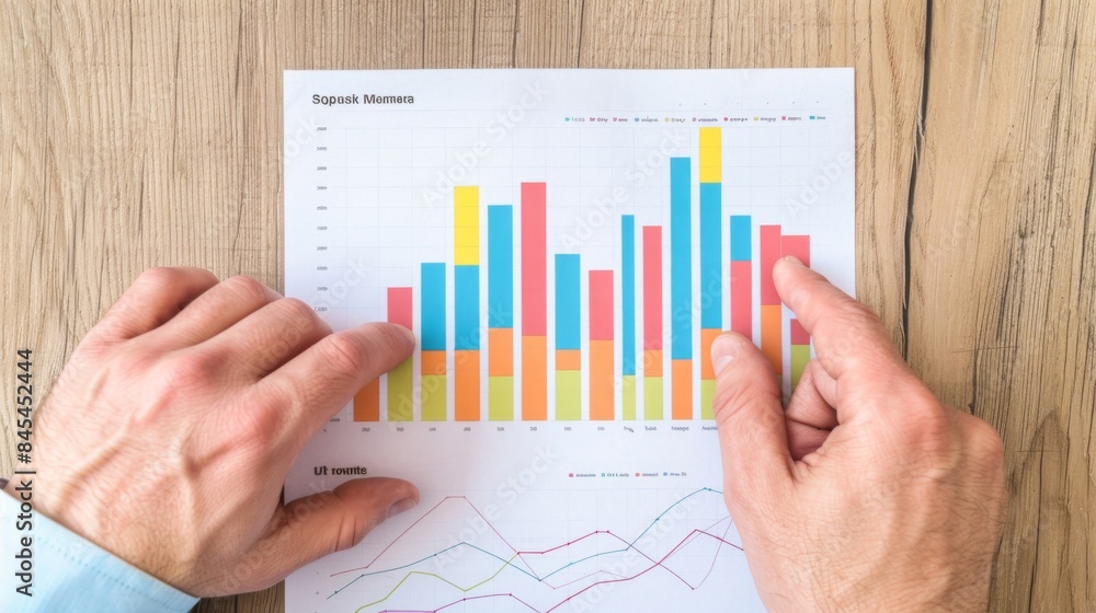 Poster hands pointing to a growth trend on a bar graph in a business report, showing positive performance