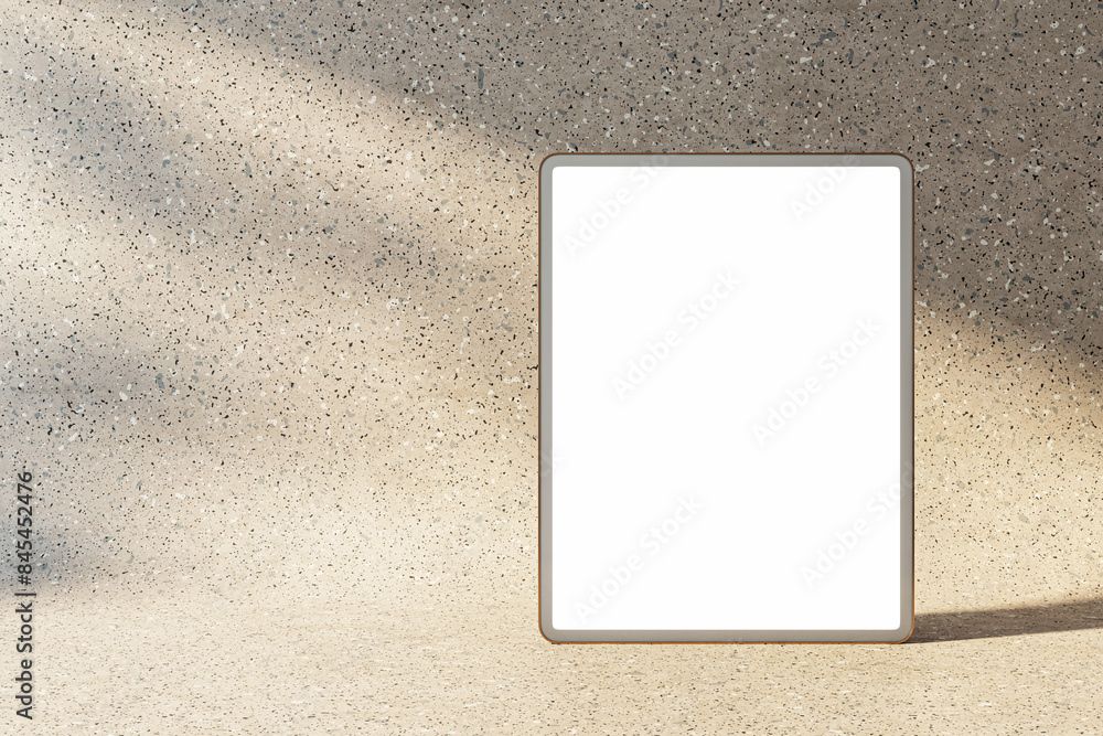 Poster A digital tablet with a blank screen against a textured concrete background, representing a modern gadget mockup concept. 3D Rendering