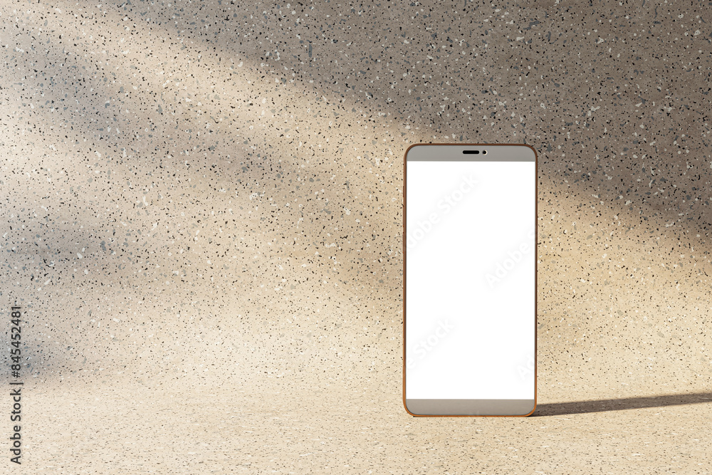 Poster a smartphone with a blank screen on a textured, light brown background, conveying the concept of a m