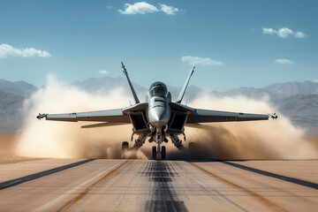 Fototapeta premium airplane in the sky, military aviation with this mesmerizing visual featuring a front view of a sleek jet fighter taking off from a desert airstrip