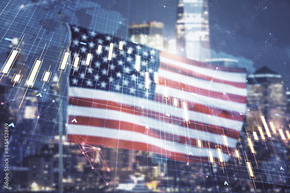 Poster multi exposure of virtual abstract financial graph hologram and world map on us flag and skyline bac