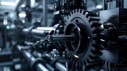 Fototapeta premium Realtime monitoring of rusty gears in industrial machines, side view, showing dynamic maintenance processes, futuristic tone, black and white