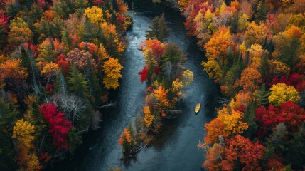 Vibrant Autumn Forest Panorama: River Meandering Through a Patchwork of Red, Orange, Yellow, and Green Trees from an Elevated Viewpoint