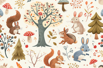 Obraz premium set of animals, Seamless summer forest pattern with cute woodland animals, trees, mushrooms, and berries. This delightful pattern transports you to a whimsical woodland filled with adorable creatures