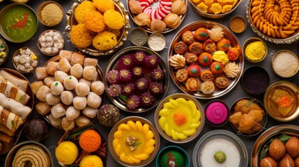 High-angle view of a colorful array of Indian sweets and desserts, including gulab jamun and jalebi