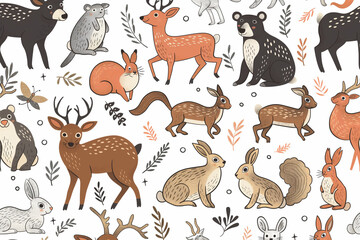 Obraz premium set of animals, Vector seamless pattern with hand-drawn wild forest animals. 
