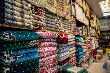 Prayer mats and carpets sellers in Al Kakia Wholesale Market, near Makkah, Mecca Saudi Arabia