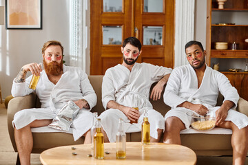 Three diverse, cheerful men wearing bathrobes, sitting on top of a couch, enjoying a great time together.