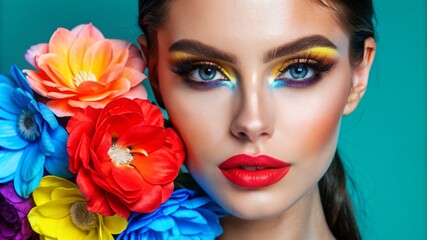 a young woman model with flawless makeup, copy space, banner