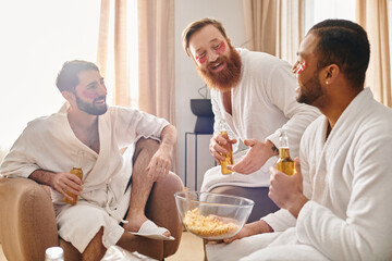 Three diverse, cheerful men in bathrobes sitting on top of a couch, enjoying each others company.