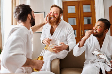 Three cheerful, diverse men wearing bathrobes sharing a moment of togetherness and friendship.