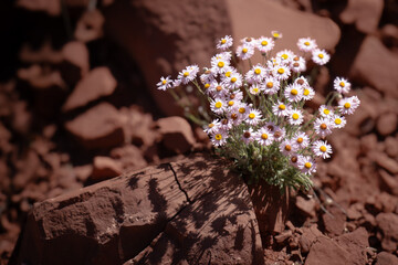 Clump of vibrant daisies growing among jumbled red rocks