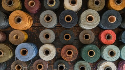 Top view of rows of vintage wooden spools of thread with space for text