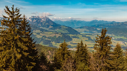 Alpine summer view with Mount Zahmer Kaiser seen from paraglider paradise Koessen, Kitzbuehel, Tyrol, Austria