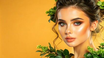 a young woman model with flawless makeup, copy space, banner