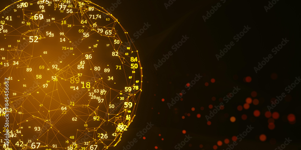 Leinwandbilder Abstract digital network connections with numbers on a spherical shape, orange and black tones, concept of data and technology. 3D Rendering