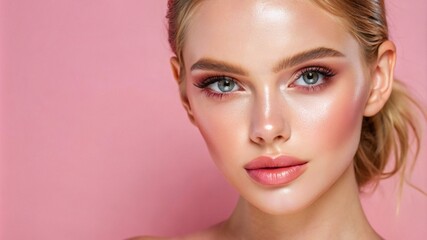Fototapeta premium a young woman model with flawless makeup, copy space, banner