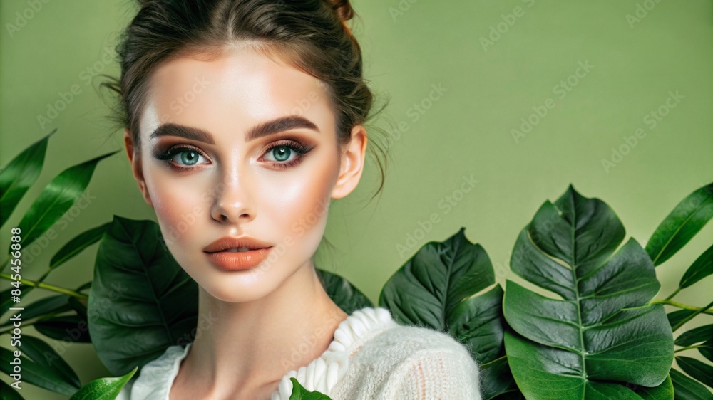 Wall mural a young woman model with flawless makeup, copy space, banner