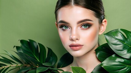 a young woman model with flawless makeup, copy space, banner