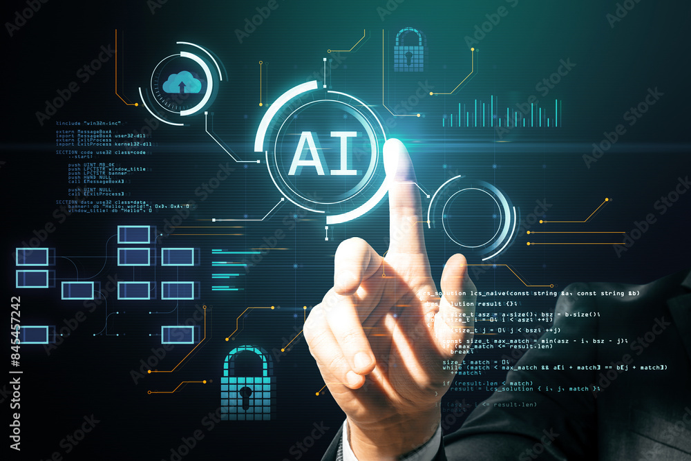 Poster An individual interacting with a futuristic AI interface, featuring graphic overlays and hud elements on a dark background, concept of technology