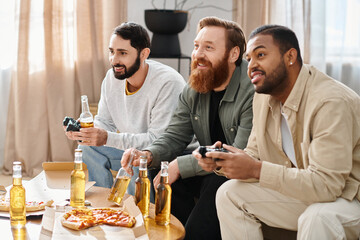 Three cheerful, handsome, interracial men in casual attire are sitting around a table, sharing beer and pizza, enjoying each others company.