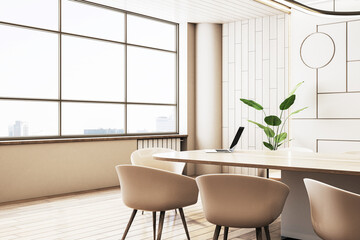 Modern office interior with wooden furniture, light walls, and a large window with urban view, concept of minimalism. 3D Rendering