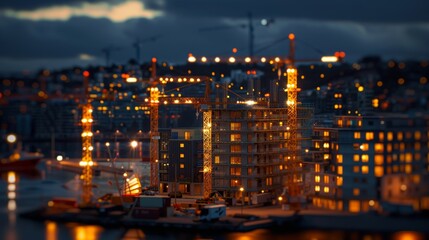 A night-time construction scene with illuminated cranes and buildings, highlighting the bustling activity in an urban area.