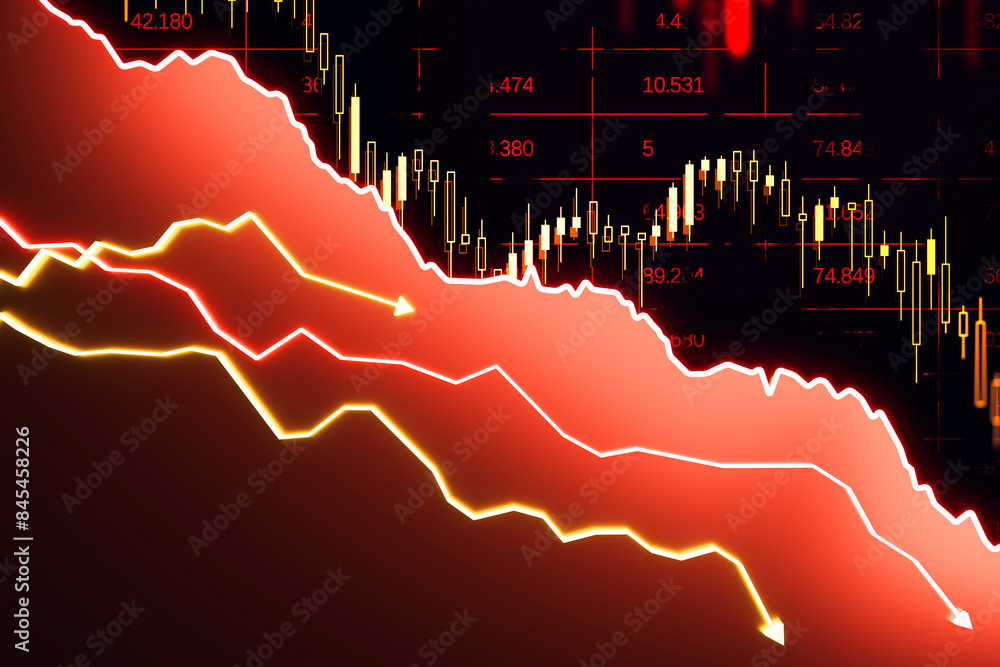 Poster a digital financial chart with downward trends on a red and black background, symbolizing a market d