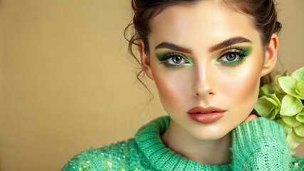 a young woman model with flawless makeup, copy space, banner