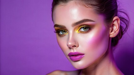 a young woman model with flawless makeup, copy space, banner
