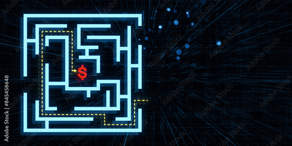 Poster a digital maze with a dollar symbol at the center, designed in a neon cyber-technology style on a da